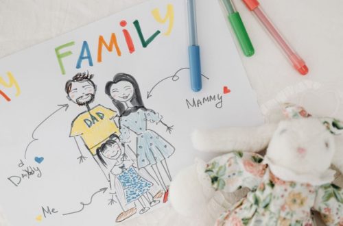 A child's colorful family drawing next to pens and a plush toy on a white surface.